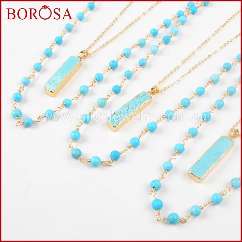 Женское прямоугольное ожерелье BOROSA золотистого цвета с круглым камнем Howlite и 6 мм