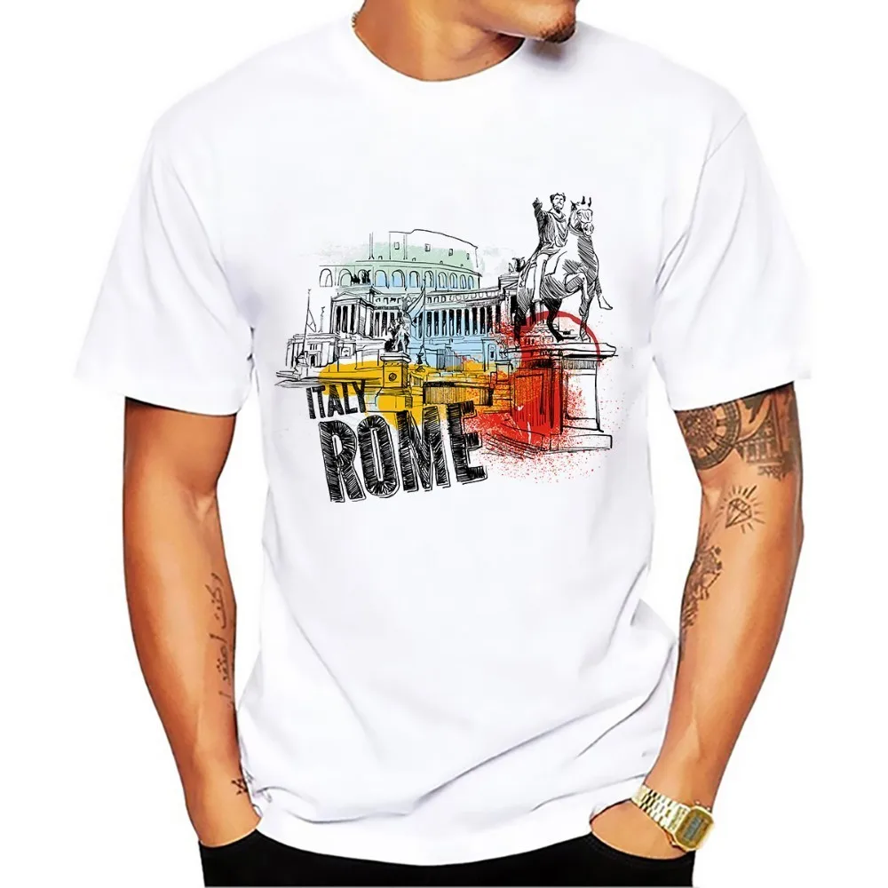 

italy Roma city watercolor drawing no glue print tshirt men 2018 summer new white casual homme cool t shirt