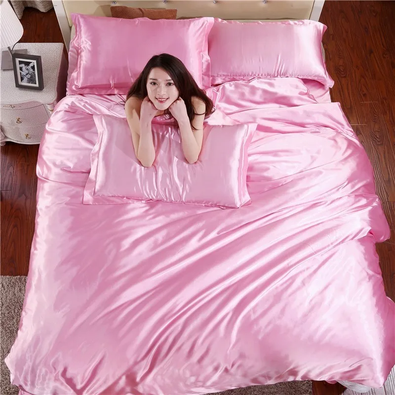 

Home Textiles Soft Pink Silk Satin 3pcs Solid Color Double Simulation Silk Satin Bedding Duvet Cover Pillowcase Set (No Sheet)