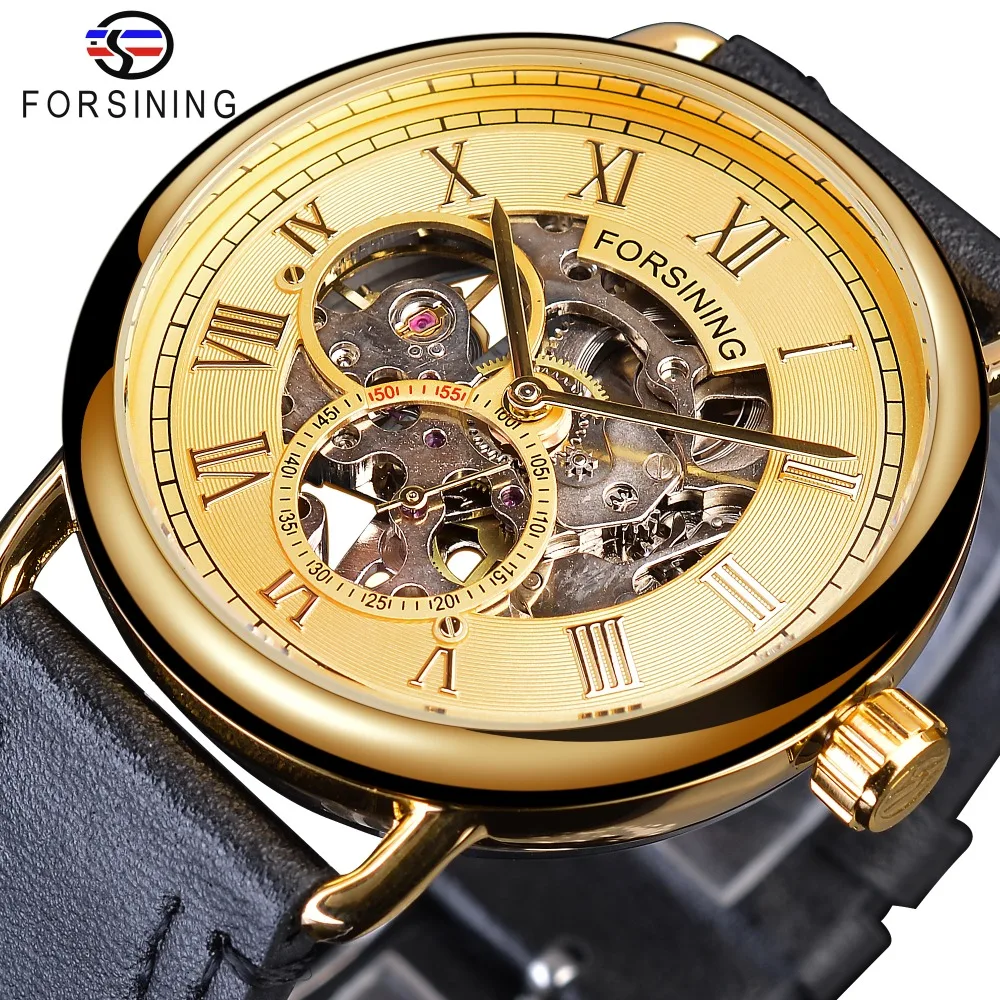 Мужские наручные часы с ремешком из натуральной кожи Forsining Golden Gear Move t прозрачный