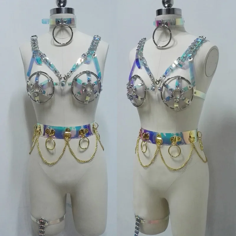 

100% Handcrafted Holographic Caged Bra Big O-Round Choker Hologram Laser Top Bondage Waist Belt with Chains Metal