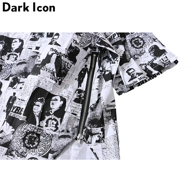 Мужская рубашка в стиле хип хоп DARK ICON черная белая с принтом на боку и молнии