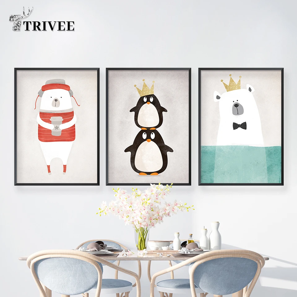 Мультяшные картины на холсте в скандинавском стиле полярный медведь Пингвин для