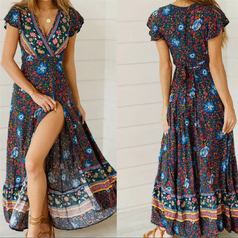 Женское длинное платье макси Пляжное Платье Бохо с цветочным принтом вечернее