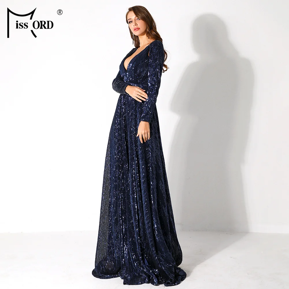 Missord Women Sexy Deep-V Long Sleeve High Split Dress Female Sequin Elegant Party Maxi Reflective Dress FT9707-3