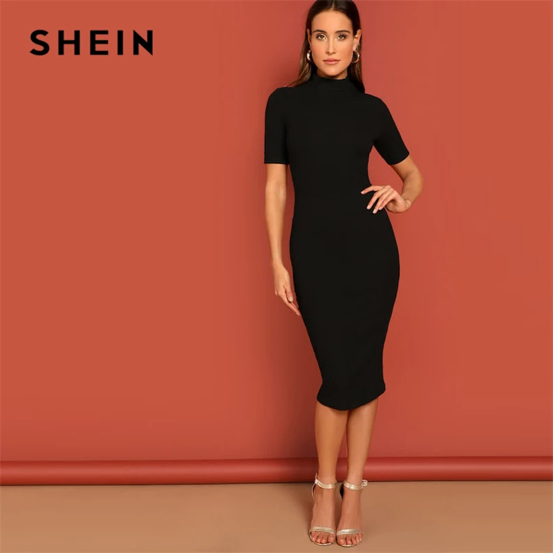 SHEIN Рельефное-Вязаное Стильное Платье Со Стоячим Воротником Твердое Платье Женщины Весна С Коротким Рукавом Повседневные Платья