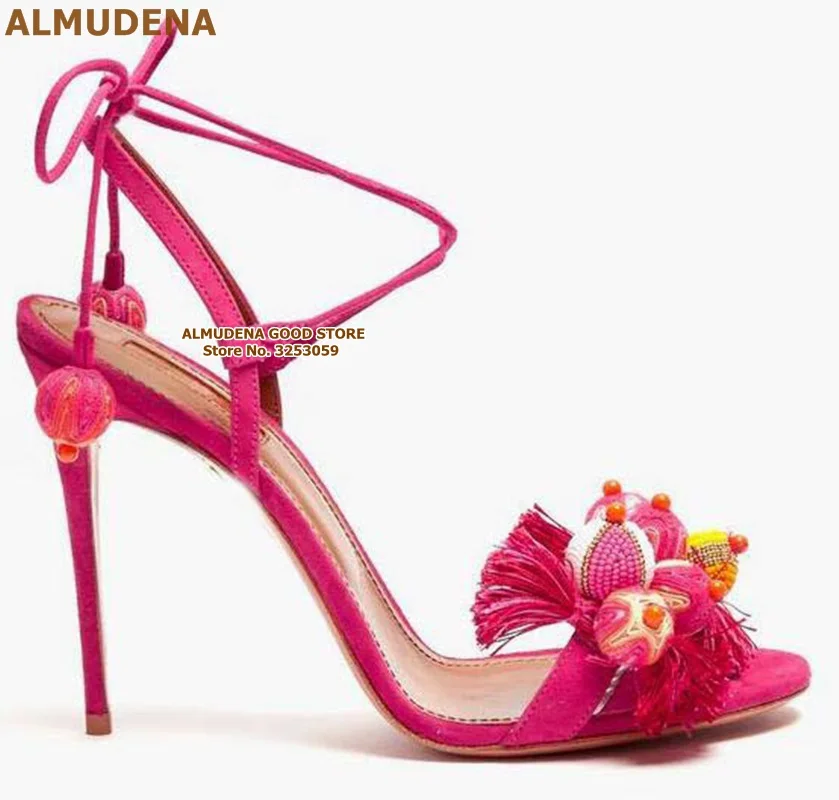 ALMUDENA/Новинка Босоножки на высоком каблуке с помпонами в богемном стиле Красные