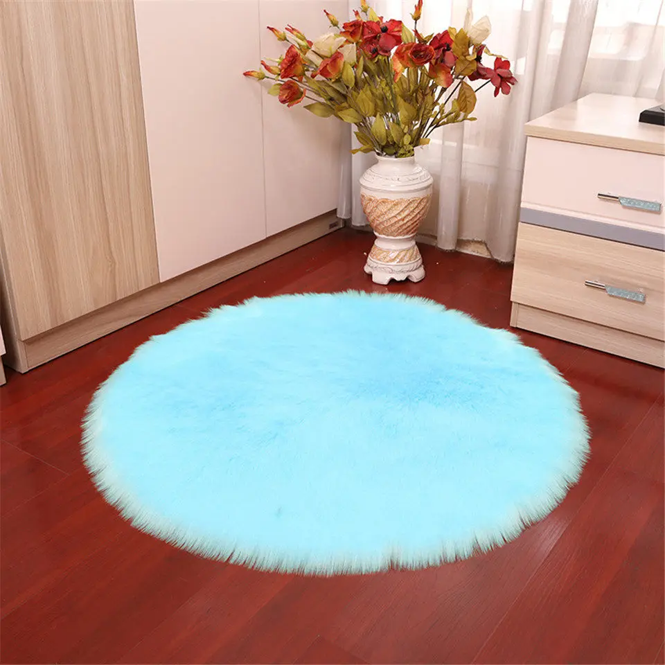 Sky Blue 70 см большой круглый ковер DIY белый пушистый коврик мягкая искусственная шерсть овчина ковер для спальни гостиной напольный коврик для резки - Color: Sky Blue