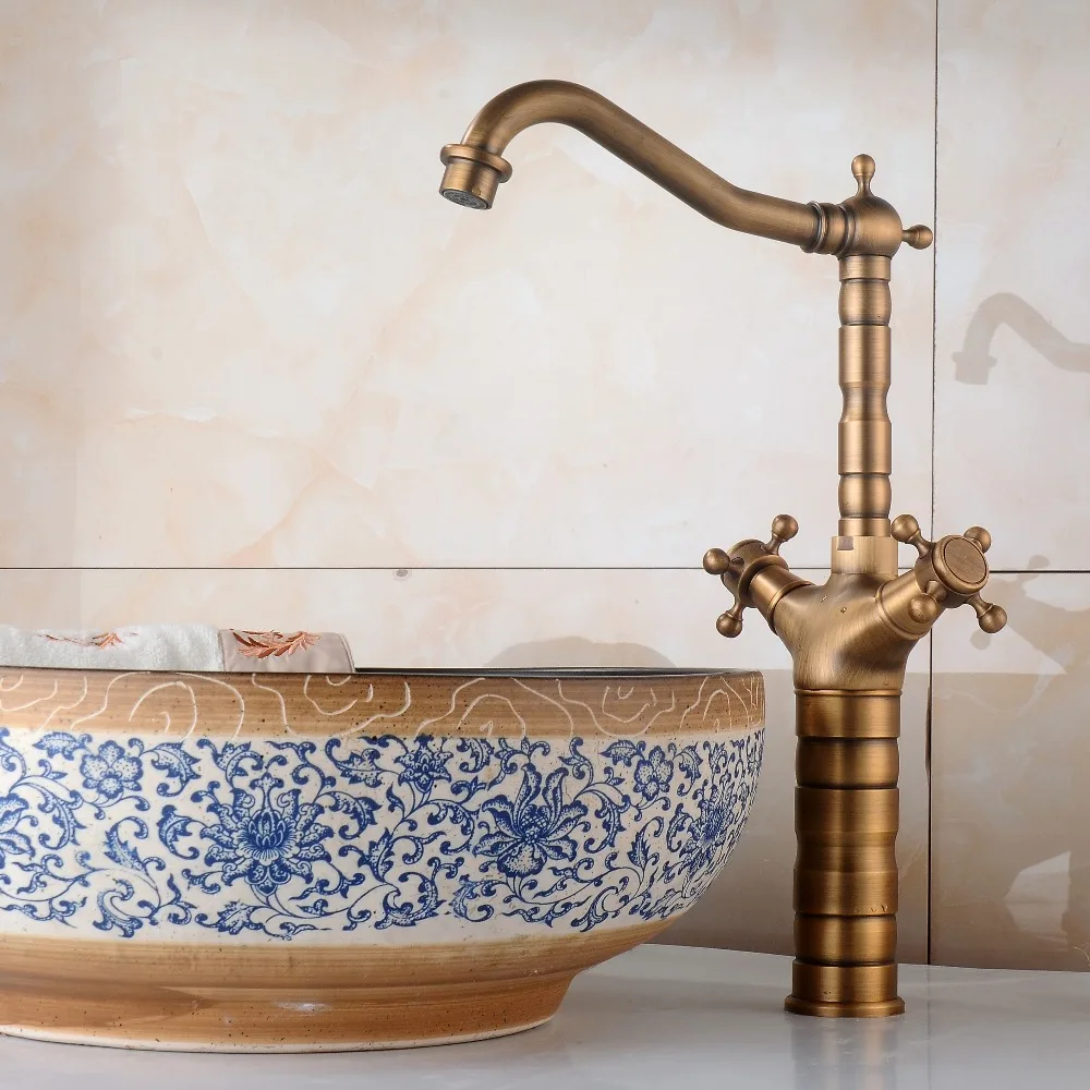 

Tall Bathroom Sink Faucet Hot and Cold Water Mixer Crane Dual Handle Deck Mounted Antique Bronze ML301T