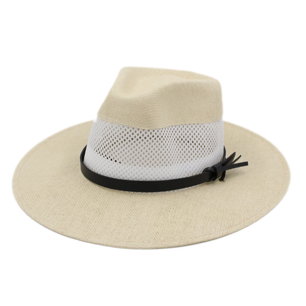 

Mistdawn Unisex Summer Straw Panama Hat Flat Big Brim Beach Sun Hat Mesh Fedora Cap w/ Leather Band