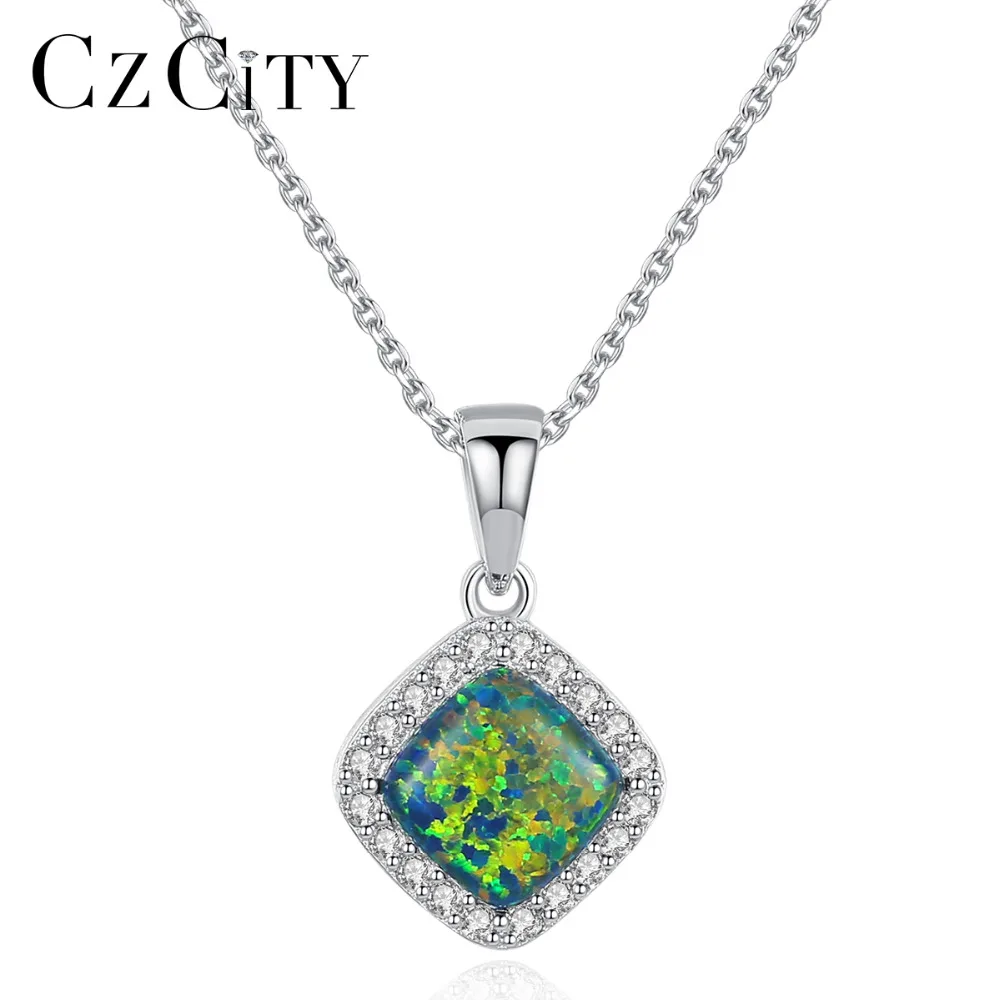 

CZCITY Genuine Sterling Silver Necklaces for Women Fine Jewellery Link Chain And Square Fire Opal Pendant Necklace Bijoux Femme