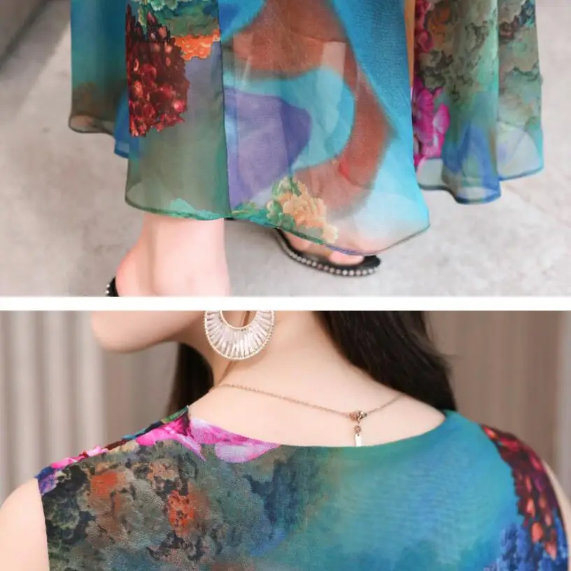 

Fashion Print sleeveless Dress Women's Summer Chiffon Dresses 2019 New Plus Size V-neck Slim seaside Beach long Dress vestidos