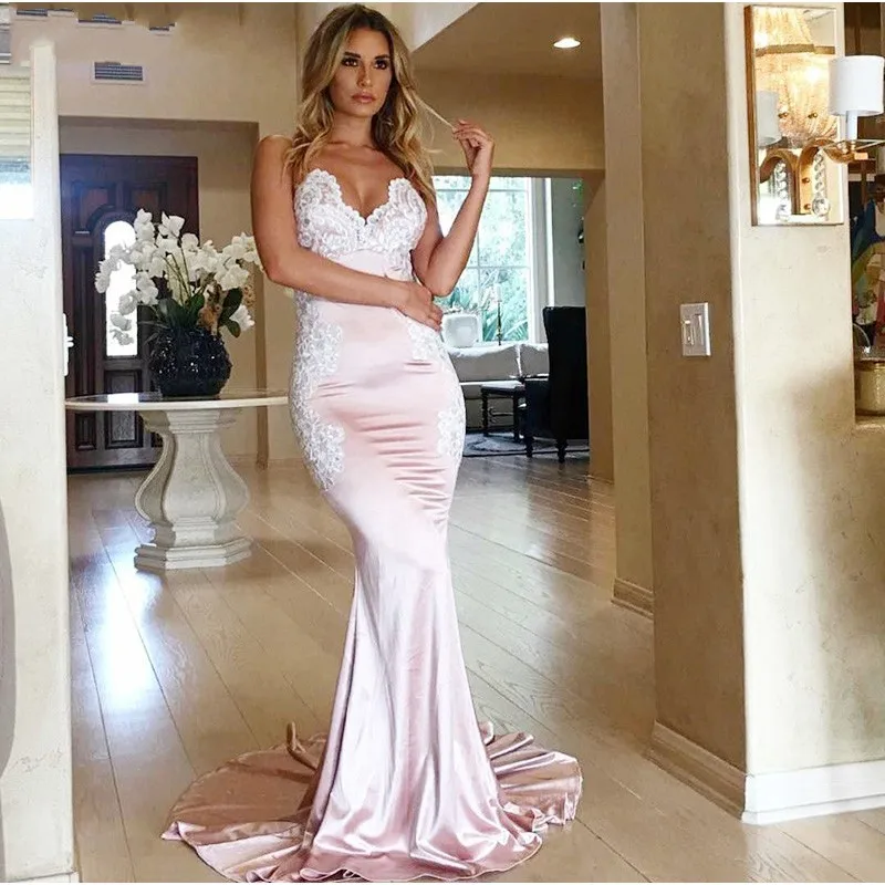 Robe de soiree эротичное с вырезом на спине русалка розовые вечерние платья Длинные белая аппликация полоски Формальное вечернее платье Выпускной вечерние платья
