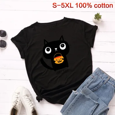 black SINGRAIN модная женская футболка из хлопка, топы с принтом в виде тыквы, фонаря, милого кота, короткие рукава, S-5XL, футболка большого размера - Цвет: black