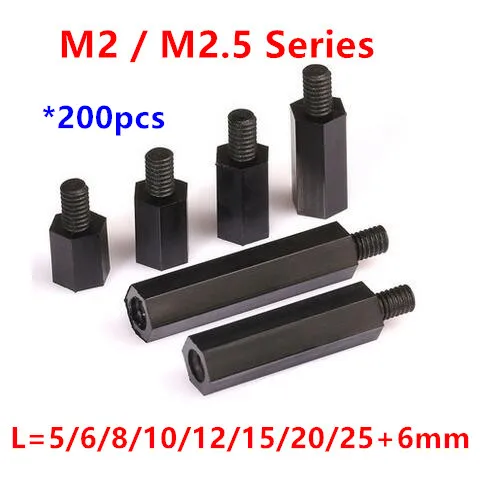 

200pcs M2/M2.5 Black Nylon Standoff Spacer Male to Female Column Plastic Long Hex Nut/Screws PCB Pillar