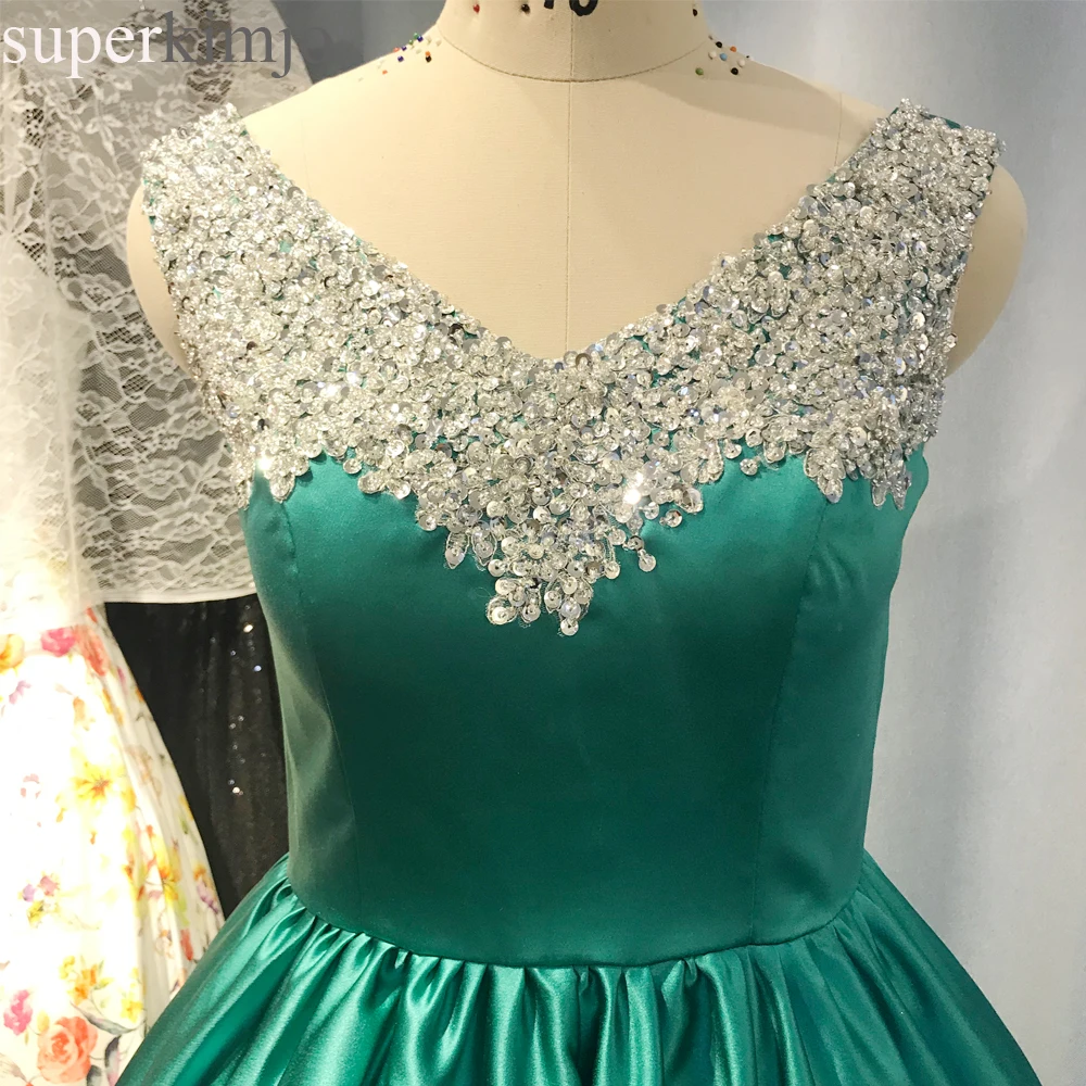

SuperKimJo 2020 Real Photo Green Ball Gown Prom Dresses V Neck Beaded Elegant Sleeveless Prom Gown Vestidos De Graduacion Largos