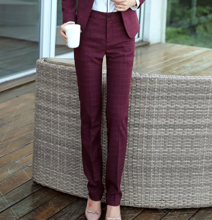 Wine red plaid Модные Формальные женские клетчатые брюки размера плюс, весенние новые офисные женские одноцветные узкие брюки со средней талией, темно-синие, черные, винно-красные - Цвет: Wine red plaid