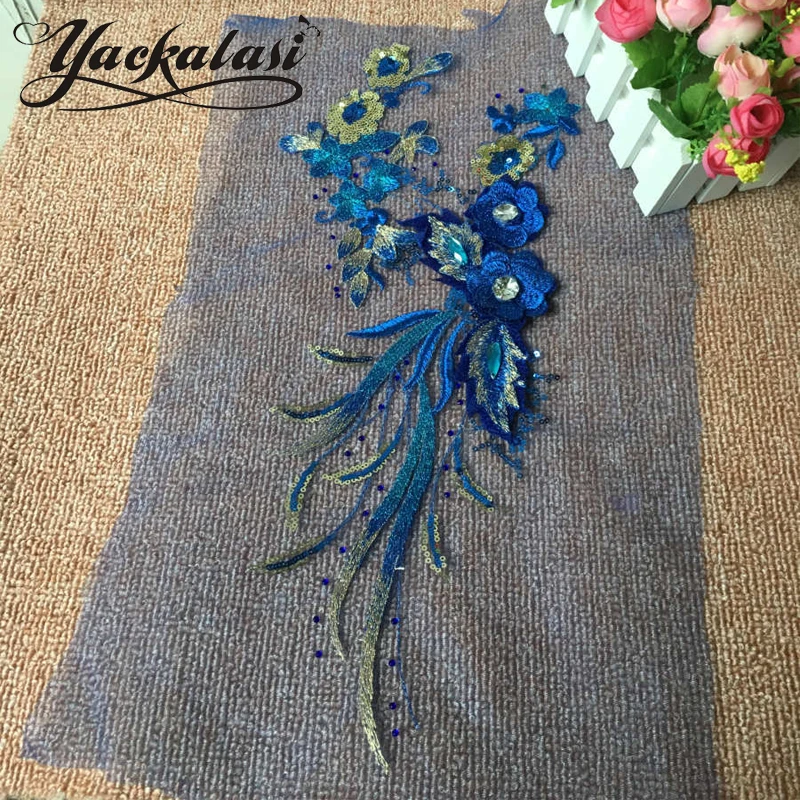 

YACKALASI 2 Pcs/Lot 3D Floral Embroidery Beaded Patches Sequined Stage Appliques Diamonds 45CM* 20CM 5 Colors