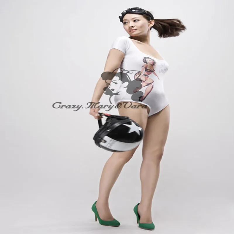 

Vintage Pinup Girl Print Bodysuit Women Jumpsuit Playsuit One Piece Top T-Shirts Leotard Body Suit Female