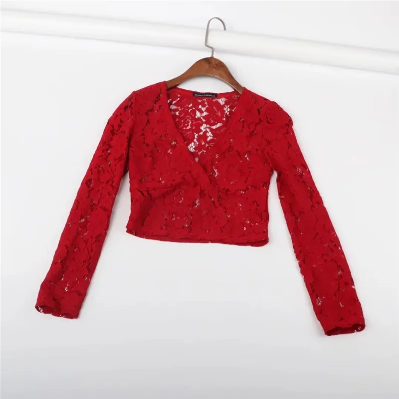 2018 New Arrival Vintage Solid Lace Short Mujer Blouse Slim Casual V-Neck Shirts Summer Sexy Hollow Out Korean Blusas 75309 |