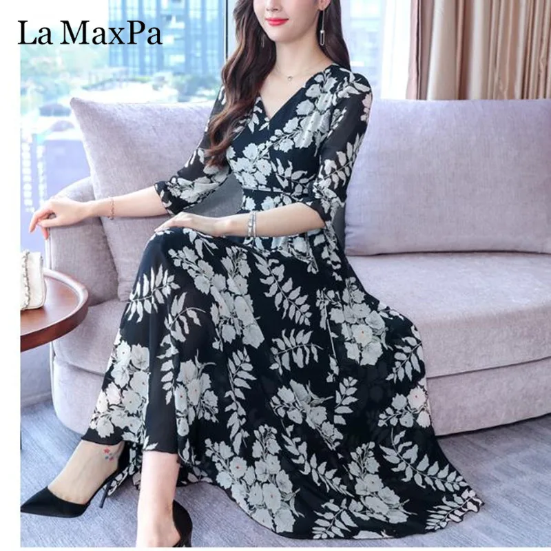 photo color 02 High Quality Plus Size Fashion Autumn New Arrival Collect Waist 3/4 Sleeve FeatherPrinting Woman Long V Neck Chiffon Dress - Цвет: photo color 02