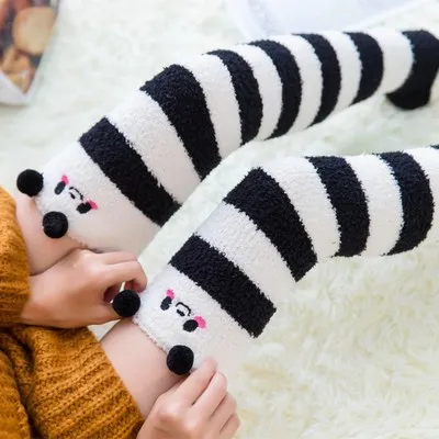 Japanese Girl Animal Modeling Women's Winter Stockings Over Knee Socks Striped Kawaii Cozy Long Thigh High Socks Warm Stockings
