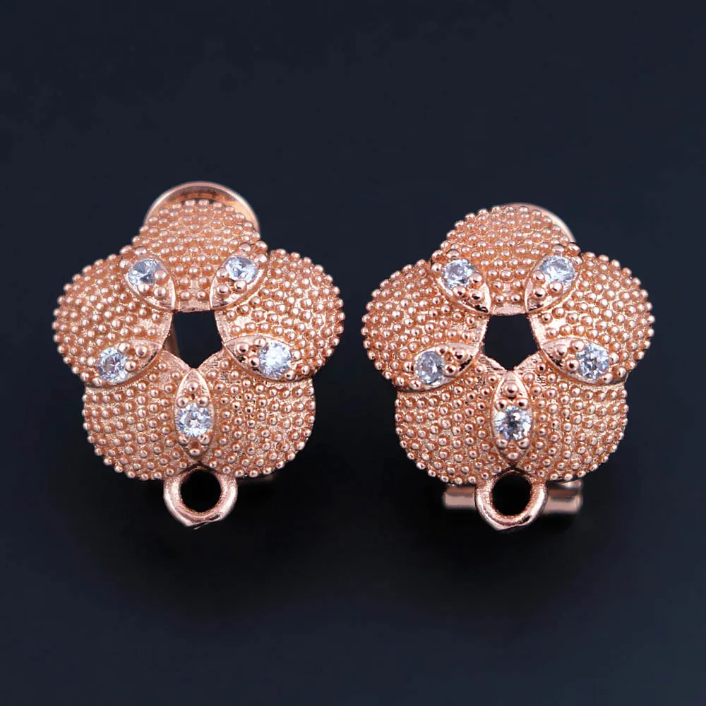 Micro Paved Zircon CZ Clip Back Earrings Post with Loop Connector Flower Metal Findings DIY African Bridal Rose Gold Pl | Украшения и