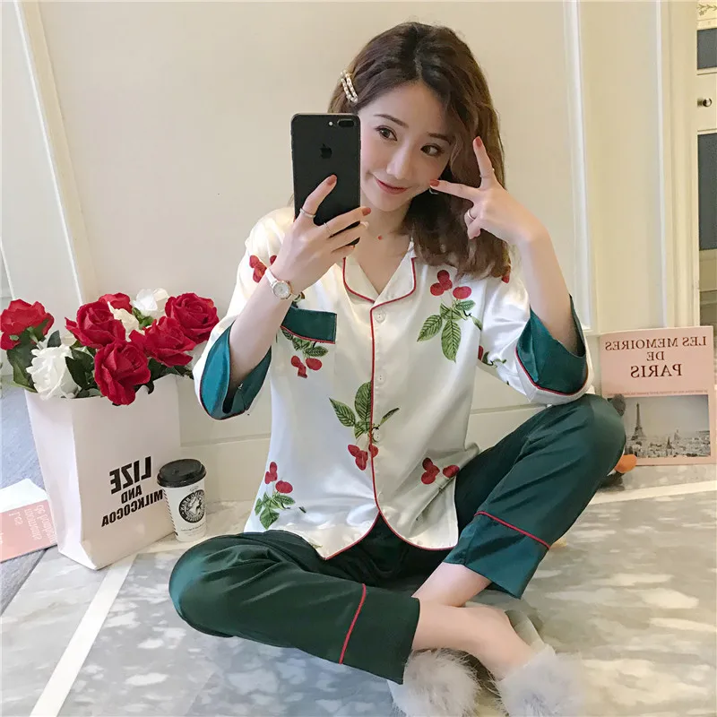 Женский пижамный комплект WAVMIT удобный шелковый с принтом пижама длинными