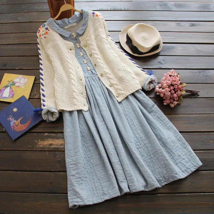 flower embroidery twisted o-neck long-sleeve sweater cardigan |