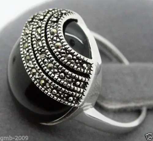 

Huge 20mm Natural Black Natural jade 925 Sterling Silver Ring Size 7/8/9/10