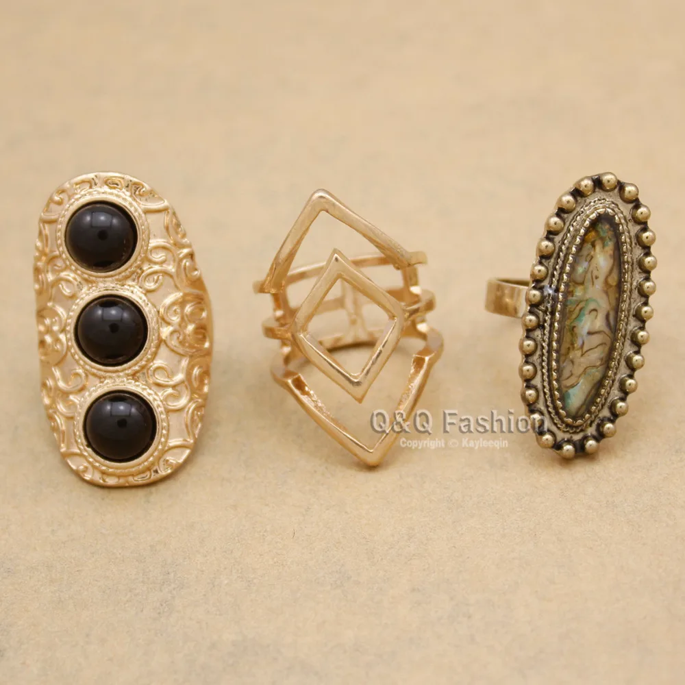 Набор из 3 золотых колец с этническим ацтекским змеиным глазом черный камень