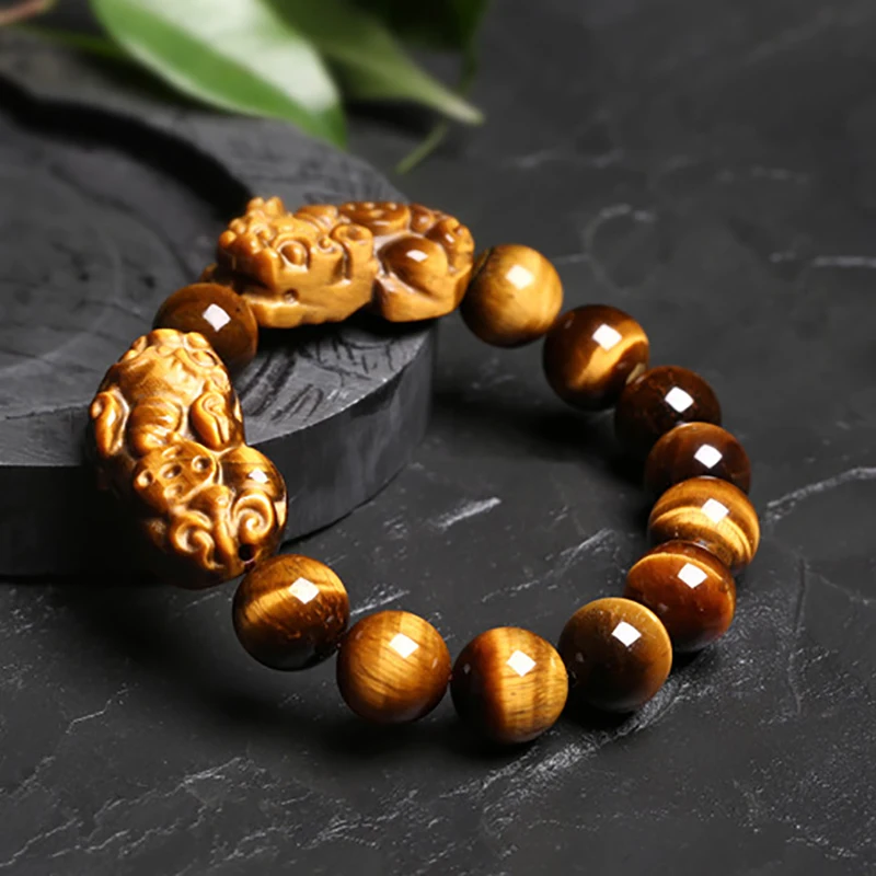 Wholesale JoursNeige Yellow Tiger Eye Natural Stone Bracelets 12mm Round Beads Double PiXiu Bracelet for Lovers Energy Jewelry | Украшения