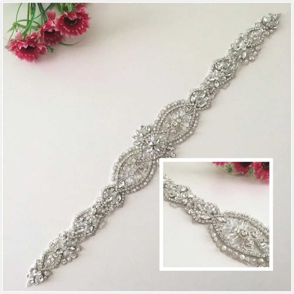 Свадьба кушак Пояс невесты Серебряный Rhinestone Саш кристалл Бусины Вышивка