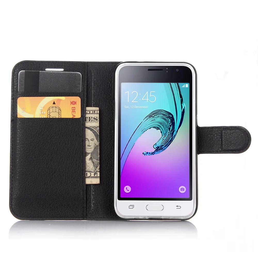 Чехол-книжка для Samsung Galaxy J120 J1 (2016) кожаный с рисунком личи отделением карт черный