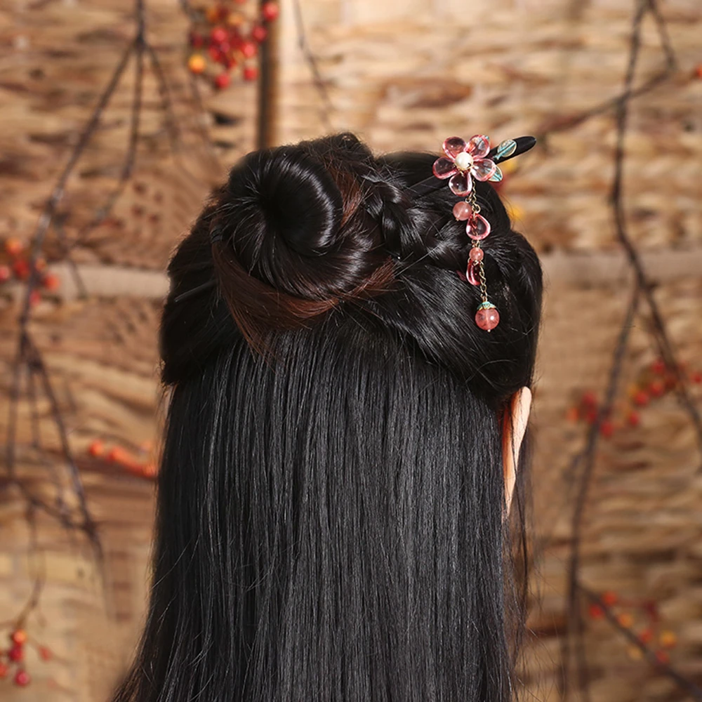 Ethnic Tassel Handmade Hair Sticks Black And Ebony Alloy Leaves Red Colored Glass Petal Pink Stone Female Accessories FZ-18007 | Украшения