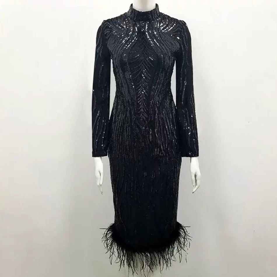 Черное Сетчатое облегающее платье с длинным рукавом и блестками Клубное перьями