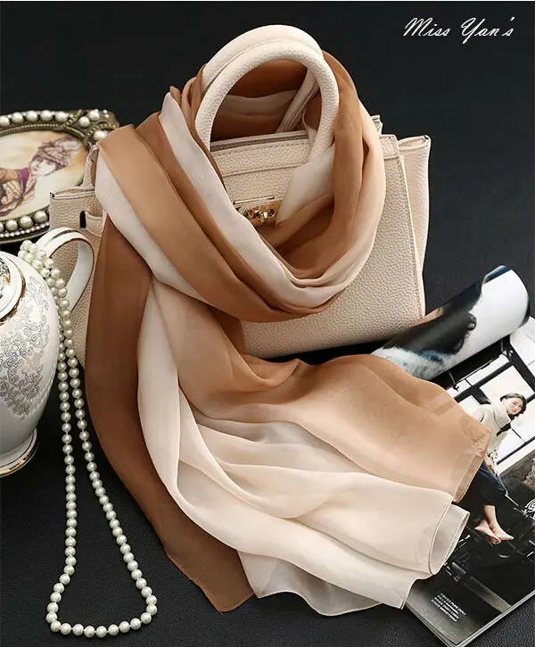 Женский шарф из натурального шелка кофейный градиентный сезон весна-лето-зима 2017