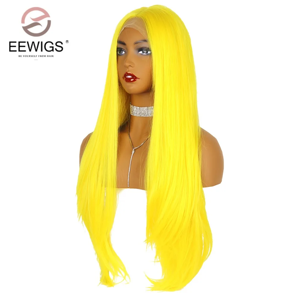 EEWIGS, парик для косплея, ручная вязка, натуральный, прямой, желтый, парик, без клея, термостойкие волосы, синтетические парики на кружеве для женщин