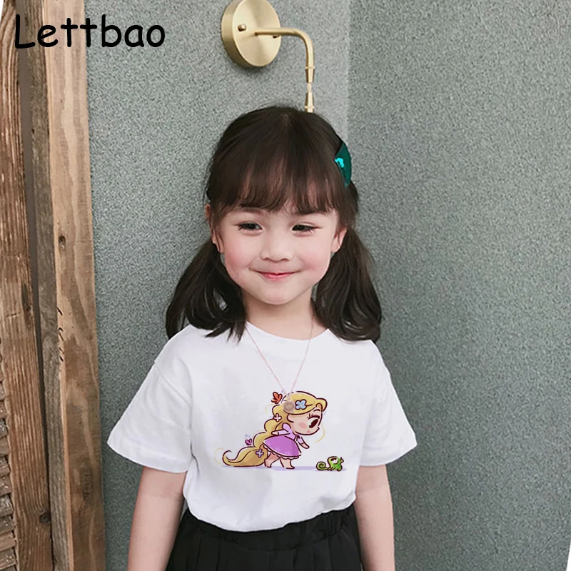Kawaii/футболка для девочек с принтом сказочной принцессы Рапунцель и Эльфина забавная повседневная детская одежда с героями мультфильмов летняя хлопчатобумажная футболка для девочек