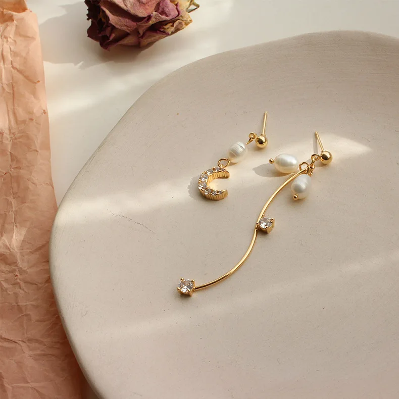 Асимметричные серьги с натуральным жемчугом для женщин кубический цирконий