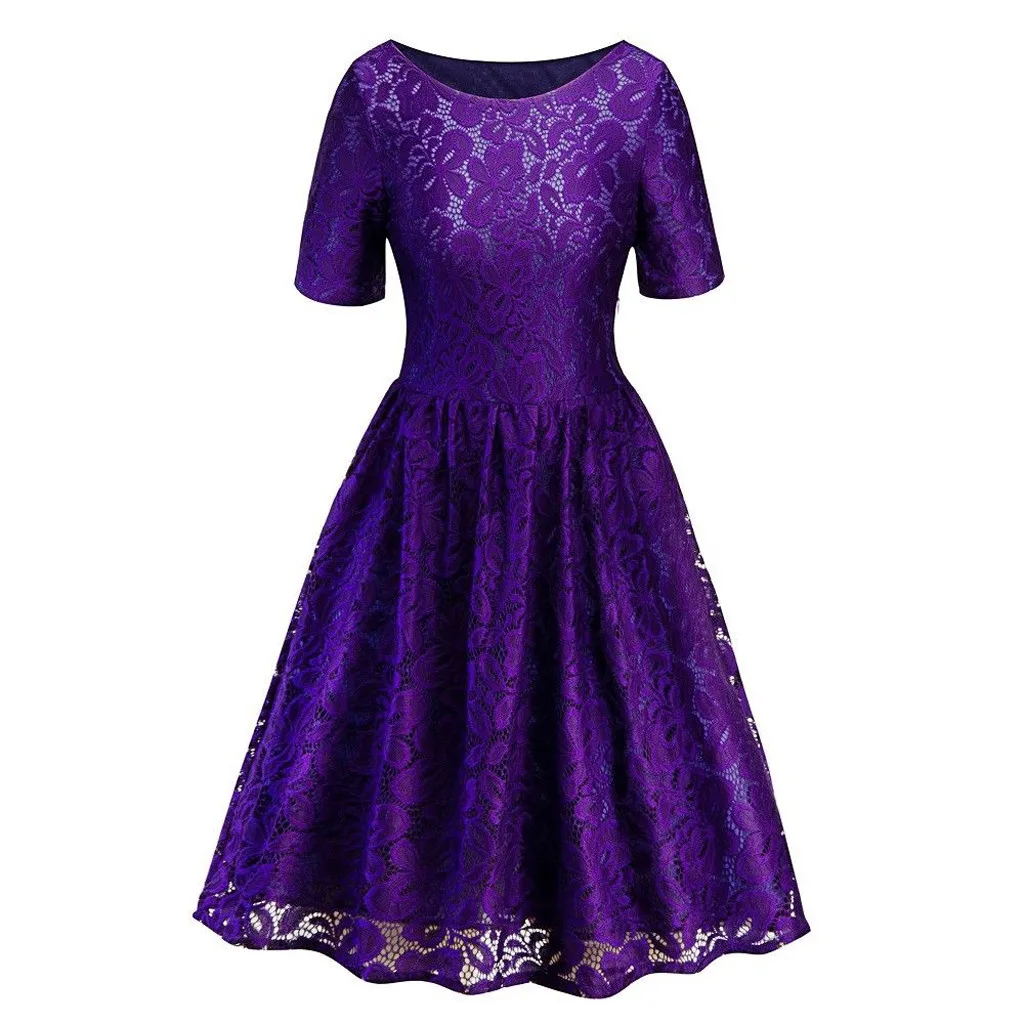 Purple Sleeper#401 NEW FASHION Women's Vintage Lace Formal Wedding Eveningdress Party Ladies Swing solid Dress hot Free Shipping - Цвет: Purple