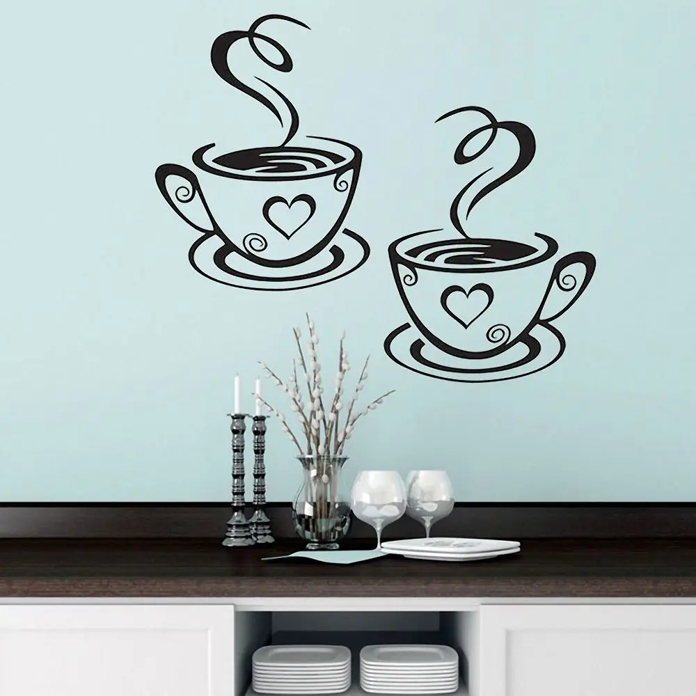 1 Pcs Double Coffee Cups with Heart Wall Stickers Casual Style Tea Removable DIY Art Vinyl Decals Kitchen Home Decor|Наклейки на