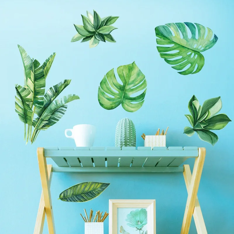 Home Tropical Jungle Green Leaves Wall Sticker Decoration Living Room Restaurant Seaside Plant Art Wall Mural Decal
