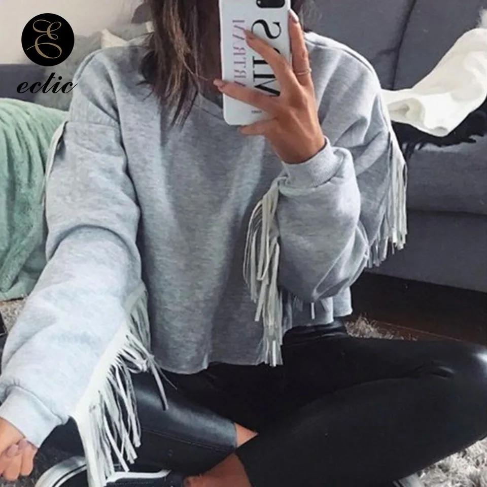 Кисточка Бохрома Длинный Рукав Свитшот Спортивная Кофта Кроп Топ Худи Простой