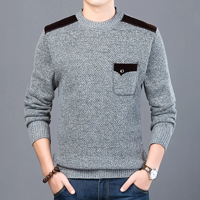 

New Fashion Solid Pocket Sweater For Mens Pullovers Slim Fit Knitwear O-Neck Autumn Casual Clothing Male Clothes