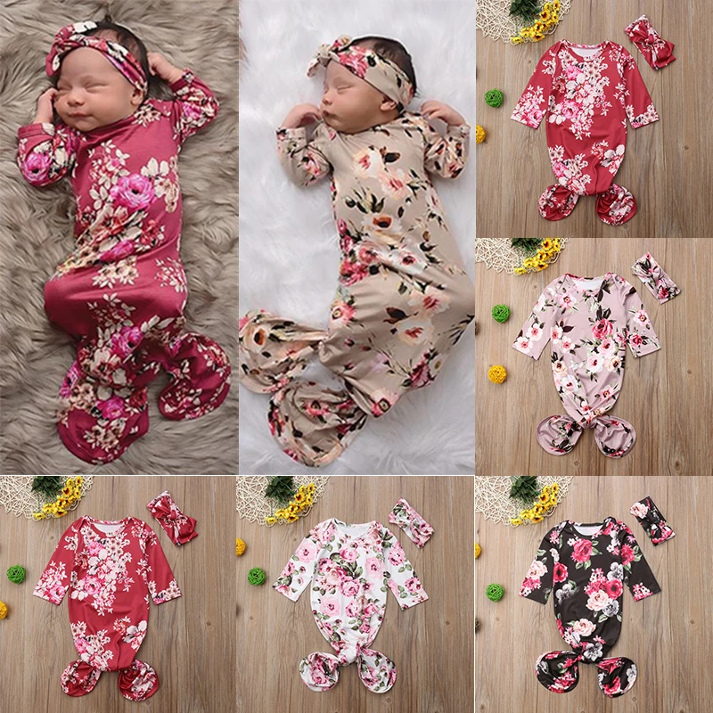Cute Newborn Baby Girl Floral Sleeping Bag Sleep Sack Wrap Swaddle+Headband Set | Footies