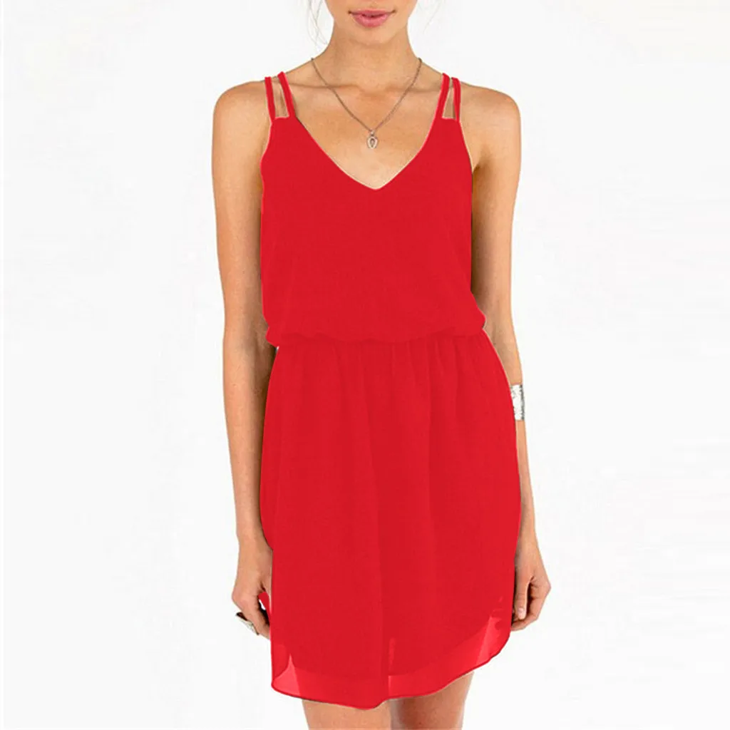 Женское шифоновое платье на бретельках Повседневная Туника без рукавов с V
