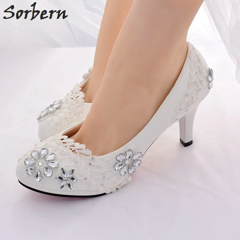 

Sorbern White Bridal Wedding Shoes Crystal Women Pumps Lace Appliques 8CM/4.5CM Ladies Party Shoes Pump Real Image Shoes