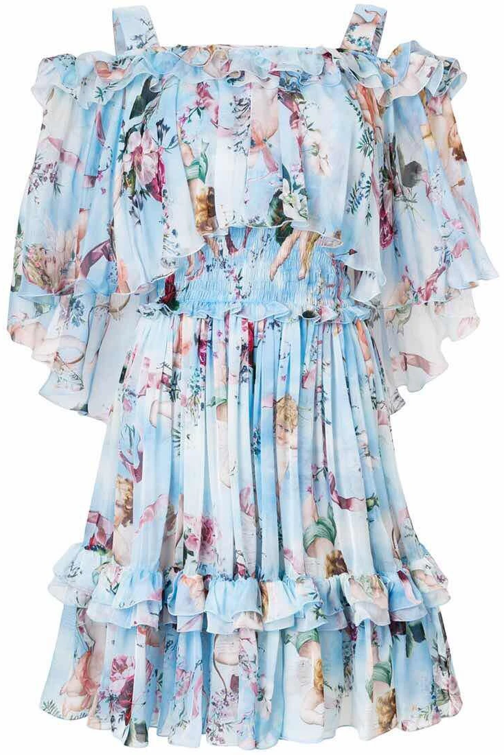 HAMALIEL Runway Cloak Ruffles Party Dress 2018 Summer Designer Blue Chiffon Printing Flowers Spaghetti Strap Cape Backless | Женская