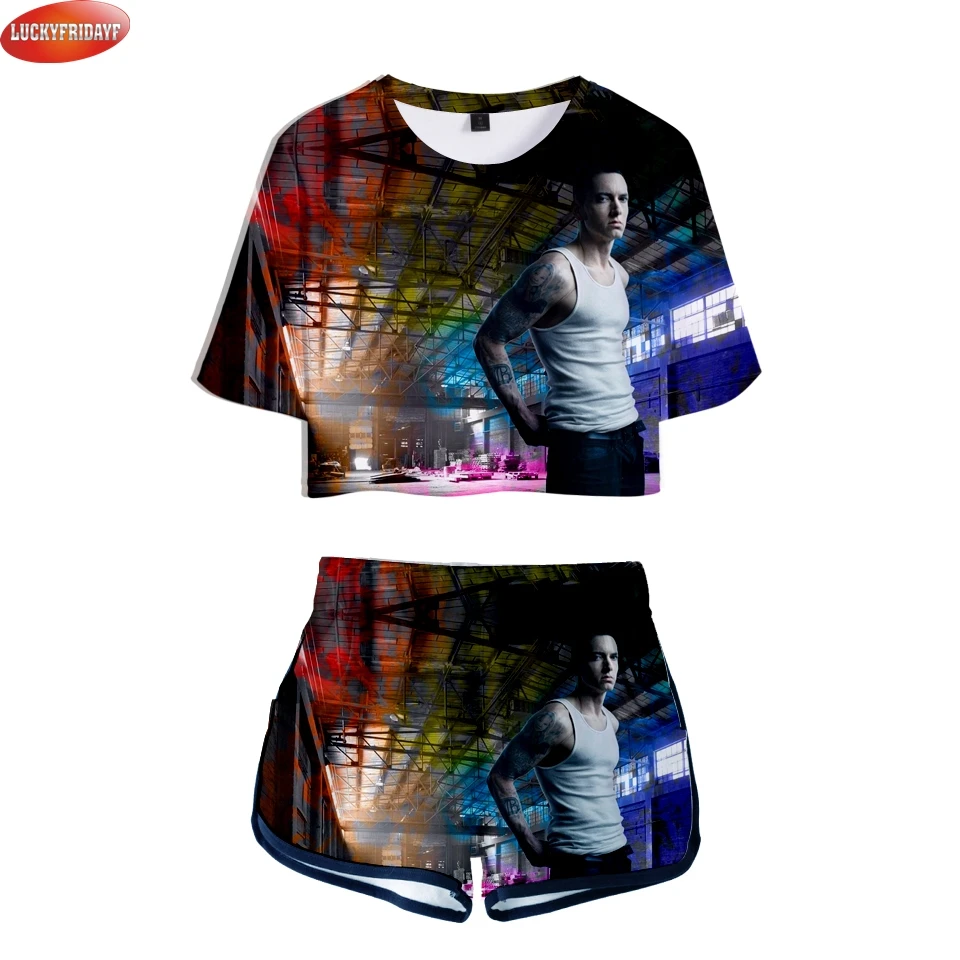 

2018 EMINEM известный рэппер с 3D принтом в стиле хип-хоп женский летний комплект из двух предметов короткий топ с коротким рукавом + шорты Модная ...